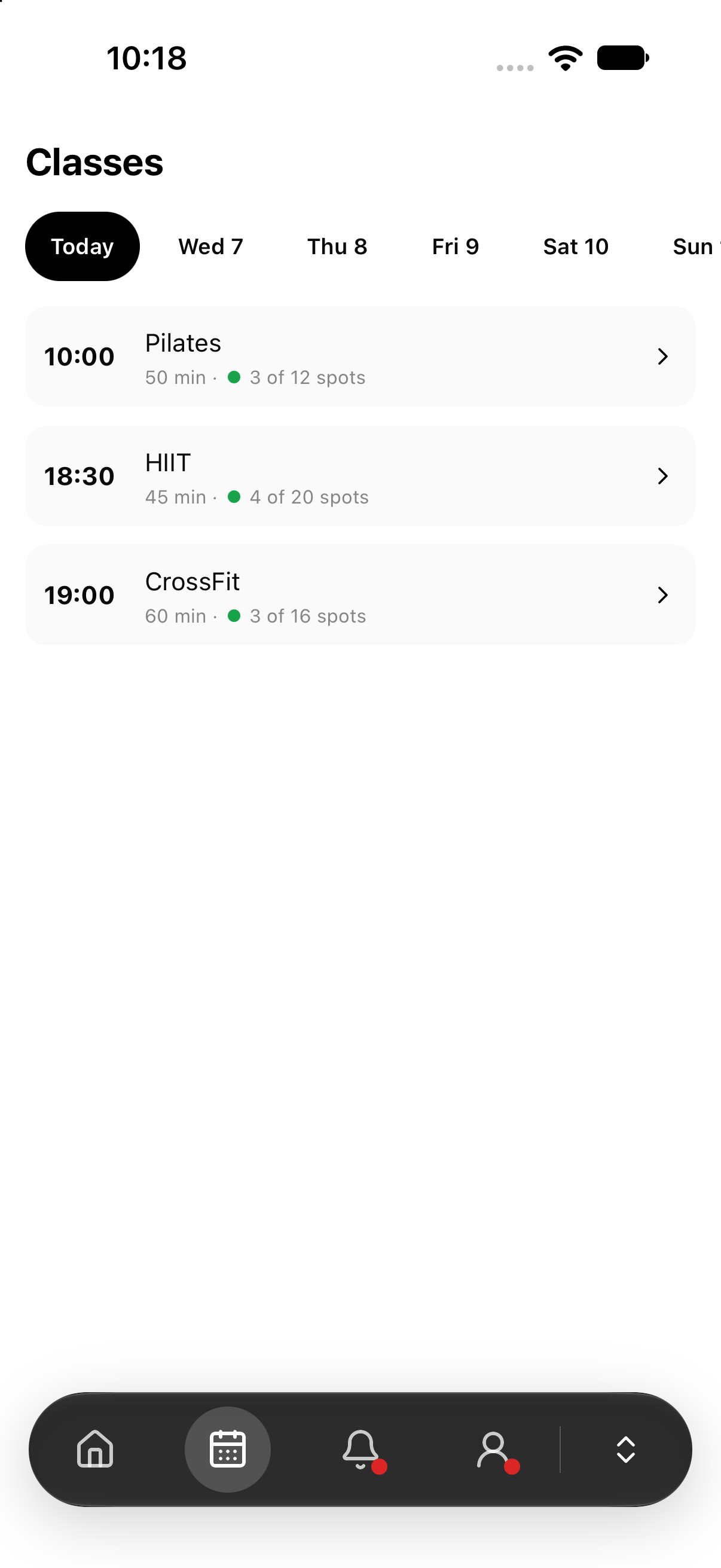 Today's classes with live availability