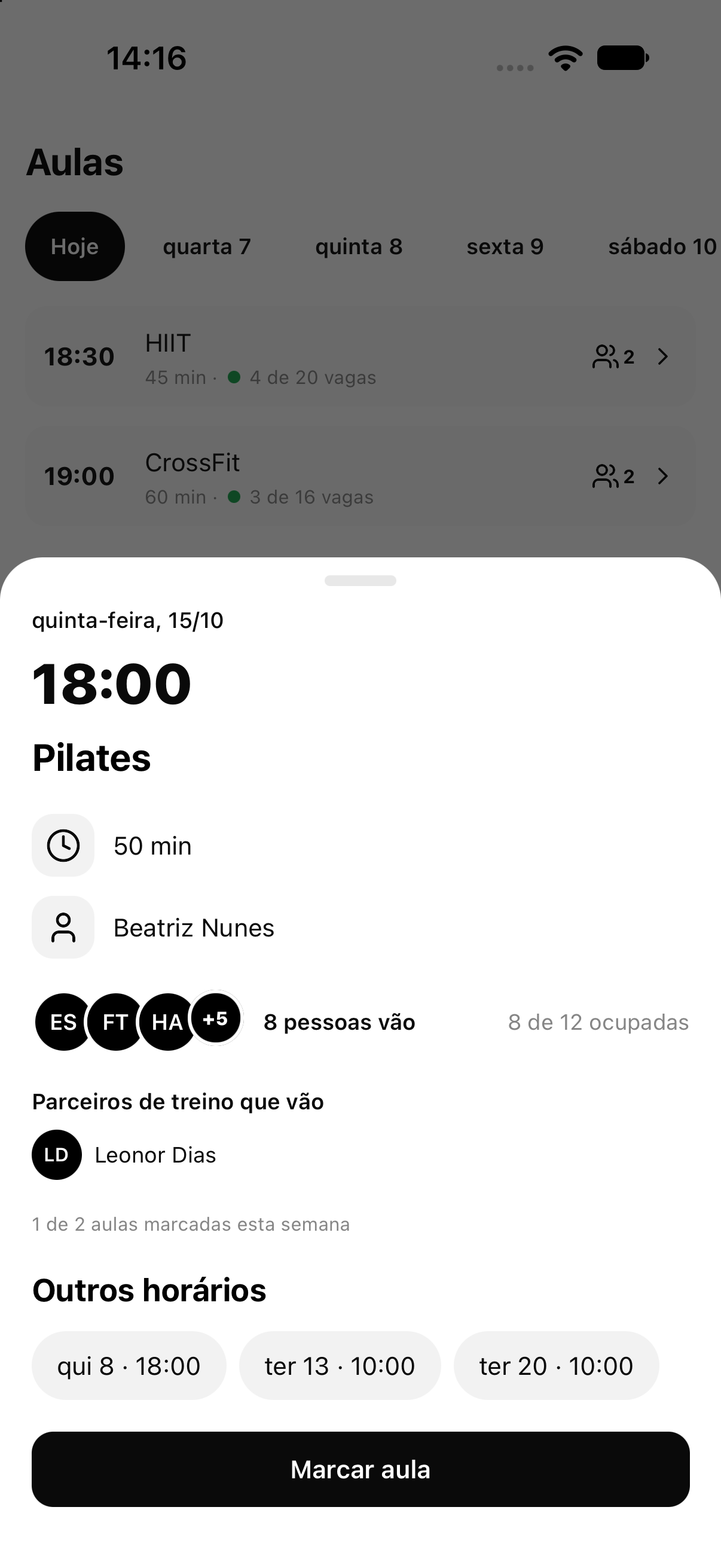 Detalhe de uma aula com vagas, participantes e outros horários