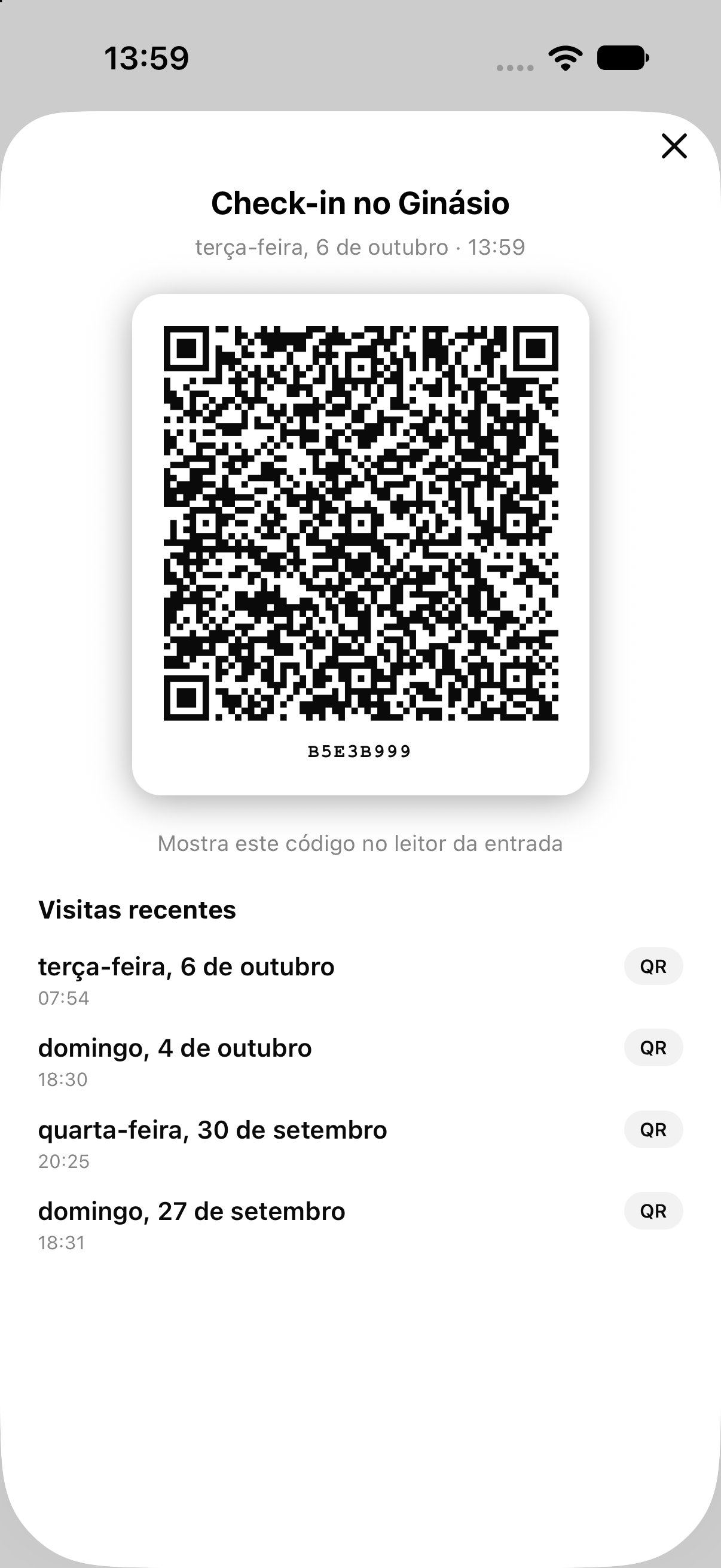 Código QR de check-in e visitas recentes
