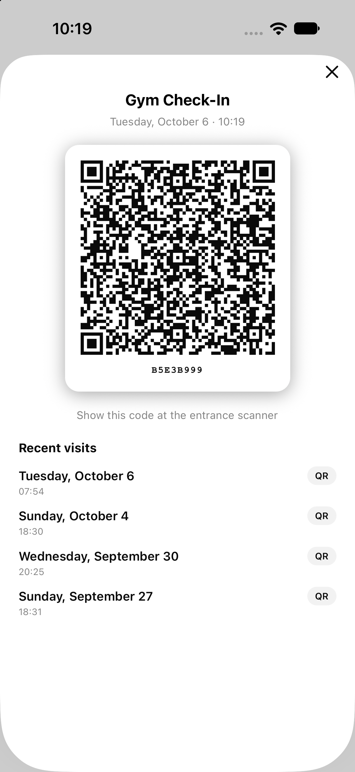 Check-in QR code and recent visits