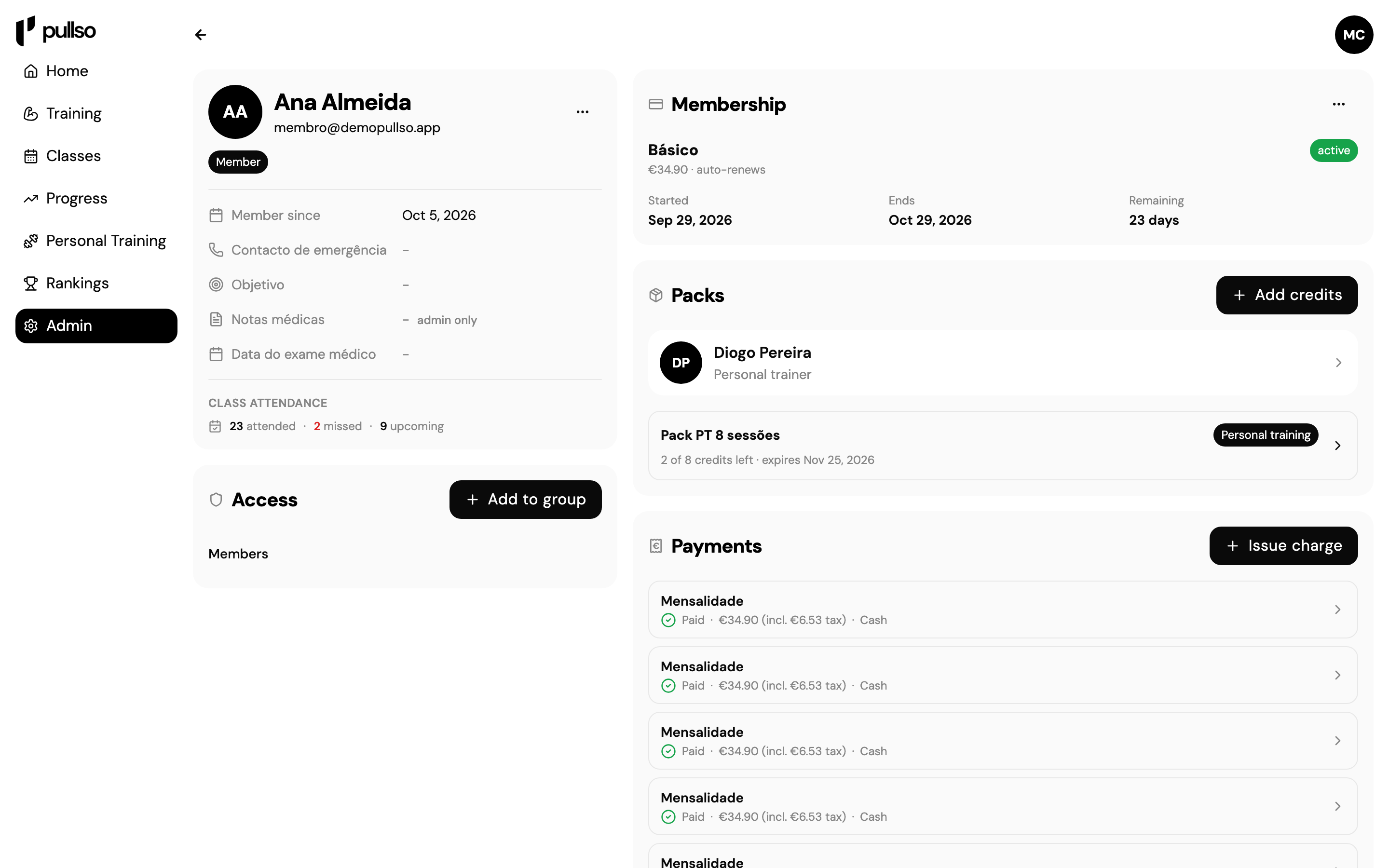 Member profile with subscription, packs and payments