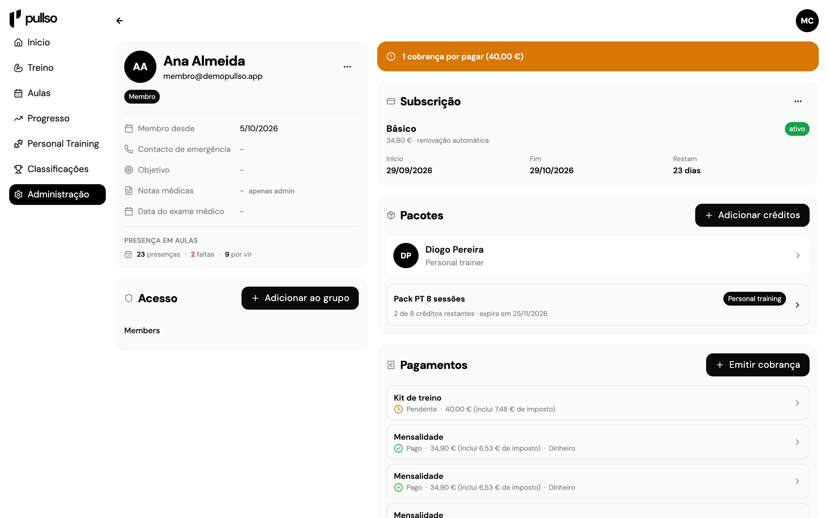 Ficha de um sócio com subscrição, pacotes e pagamentos