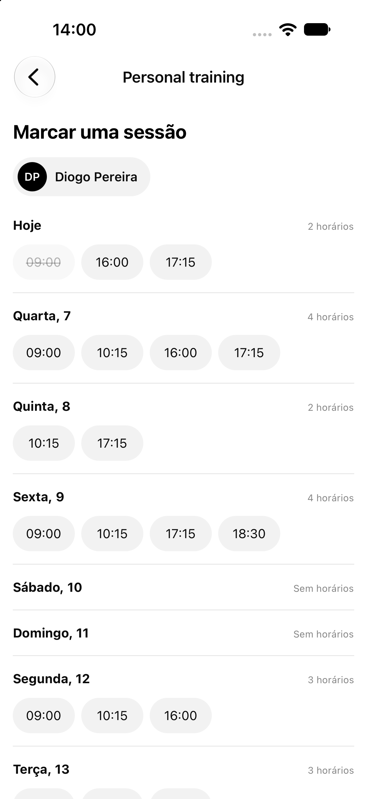Marcação de uma sessão de personal training nos horários livres do treinador