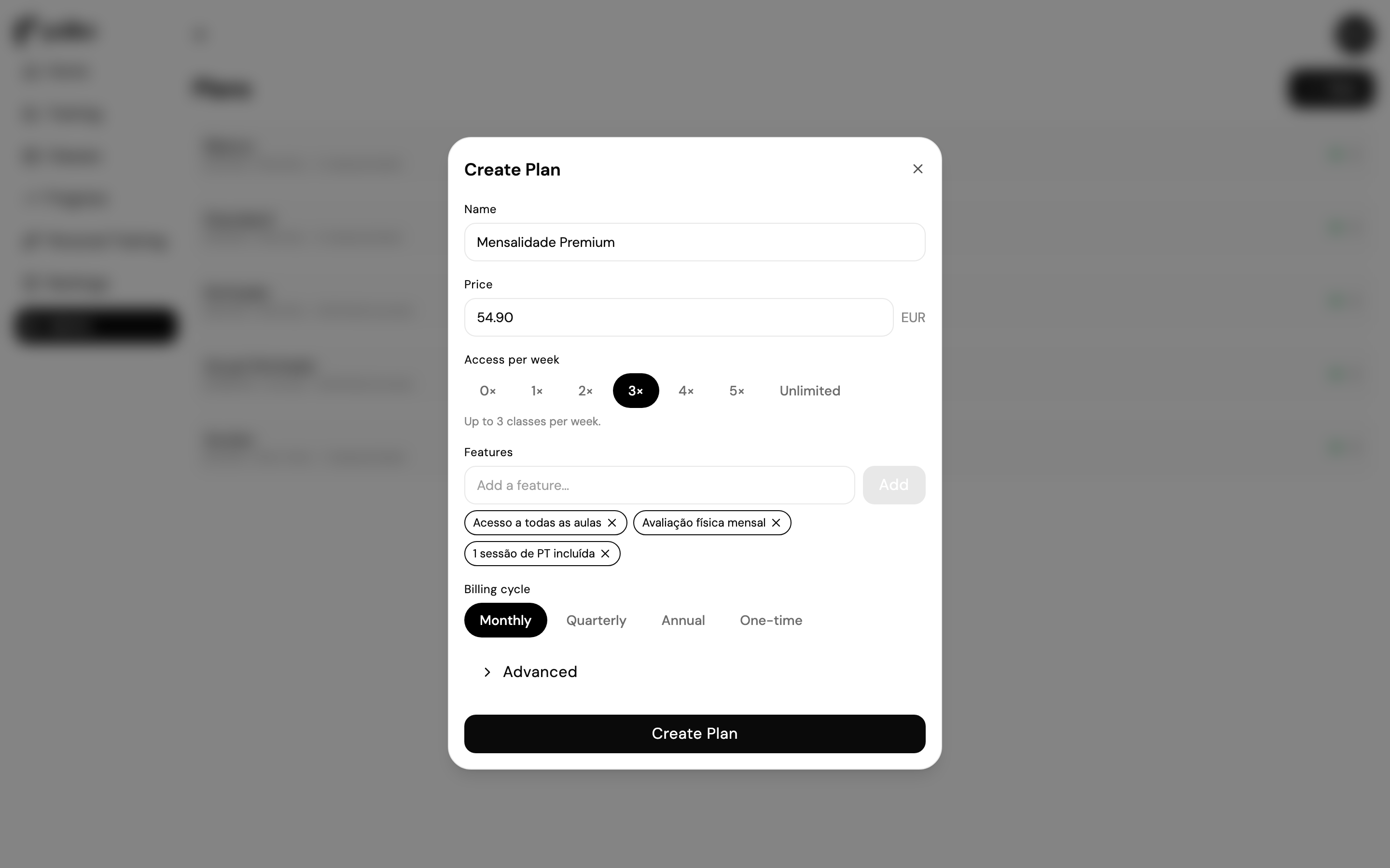 Creating a plan with price, weekly access and billing cycle