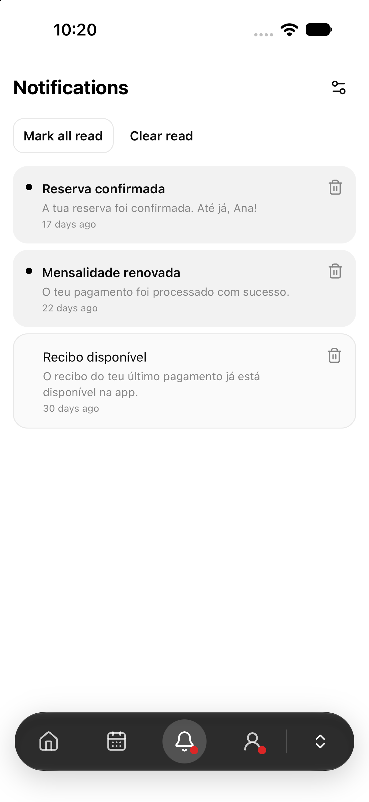Notifications for bookings, charges and receipts