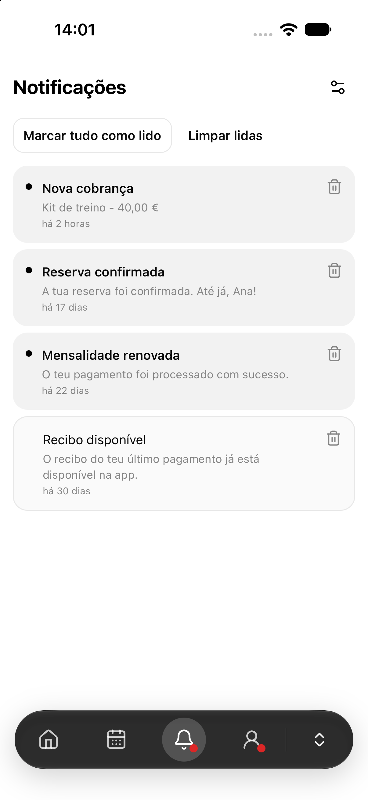Lista de notificações de reservas, cobranças e recibos