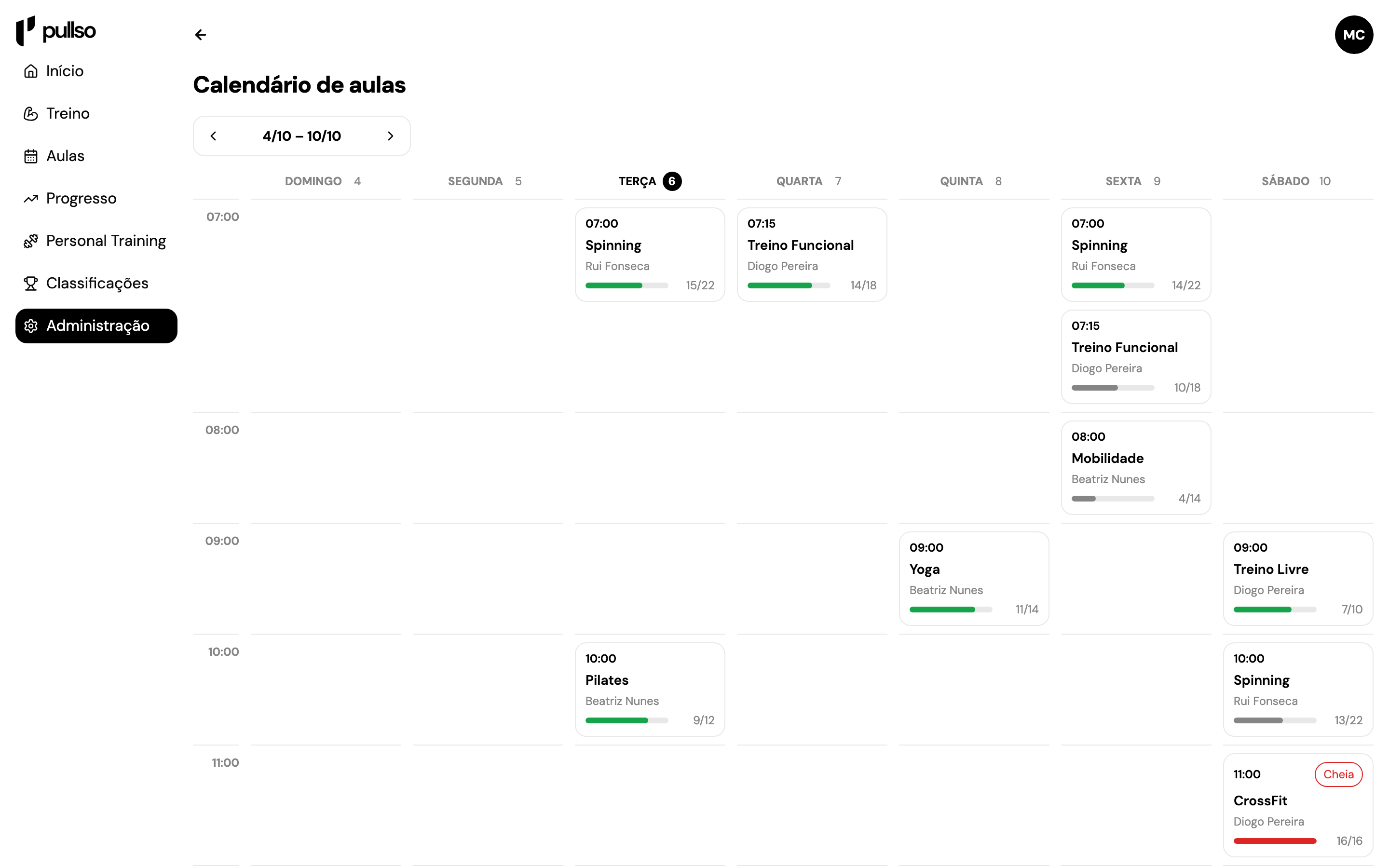 Calendário semanal de aulas com a ocupação de cada uma