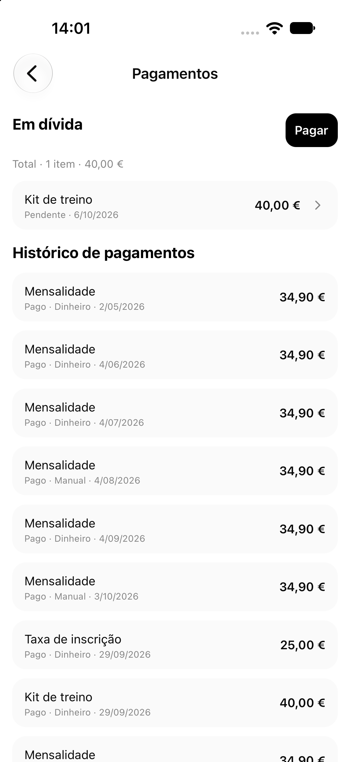 Pagamentos em dívida e histórico de pagamentos na app do sócio
