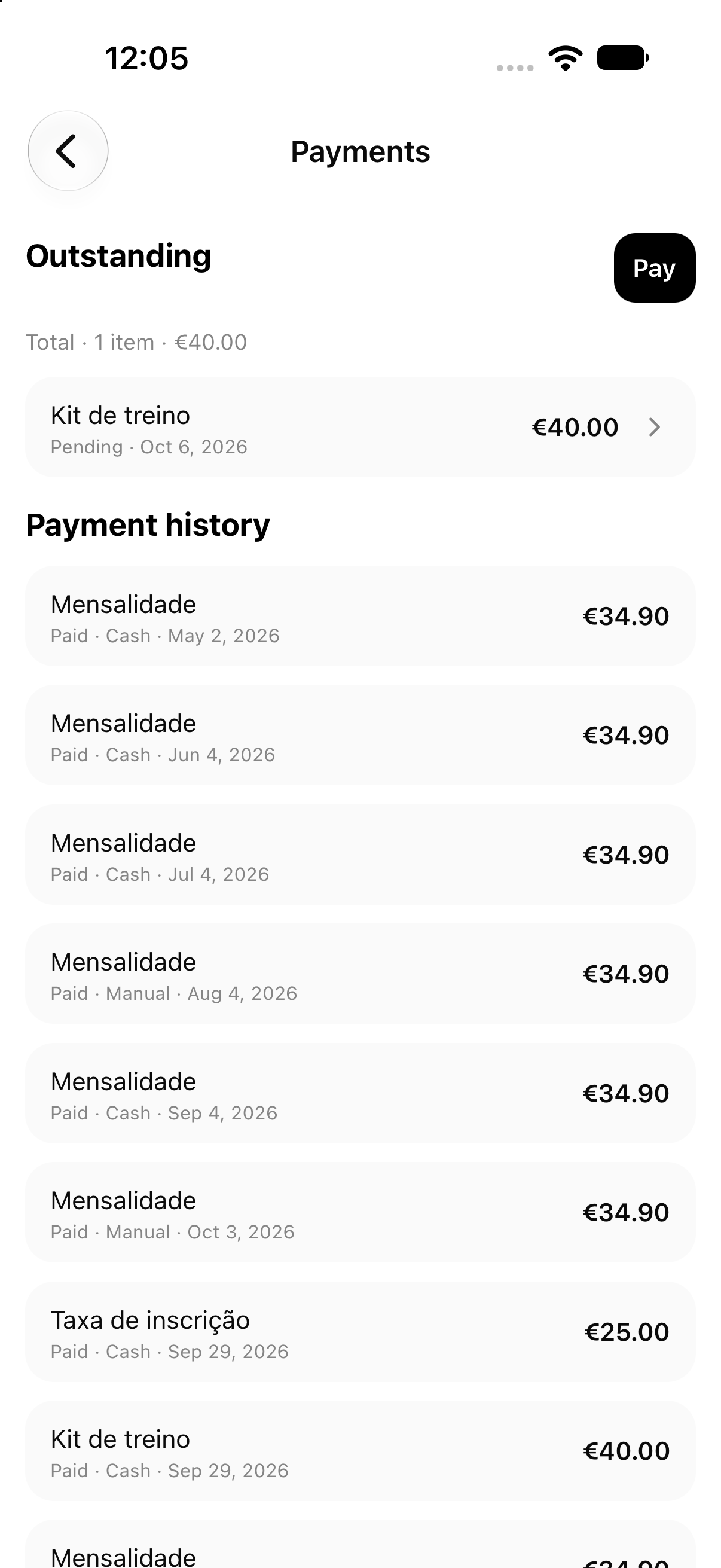 Outstanding payments and payment history in the member app