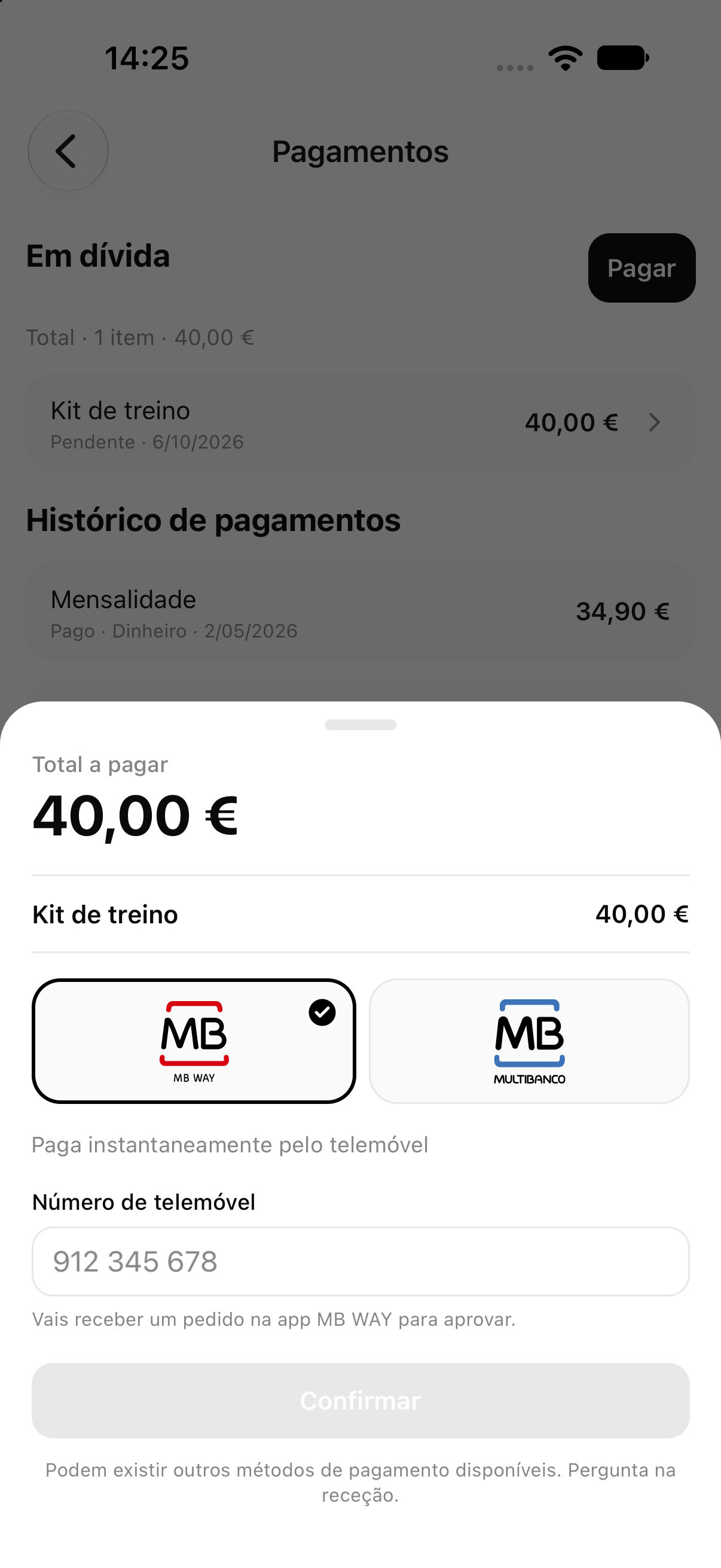 Pagamento com MB WAY ou Multibanco na app do sócio