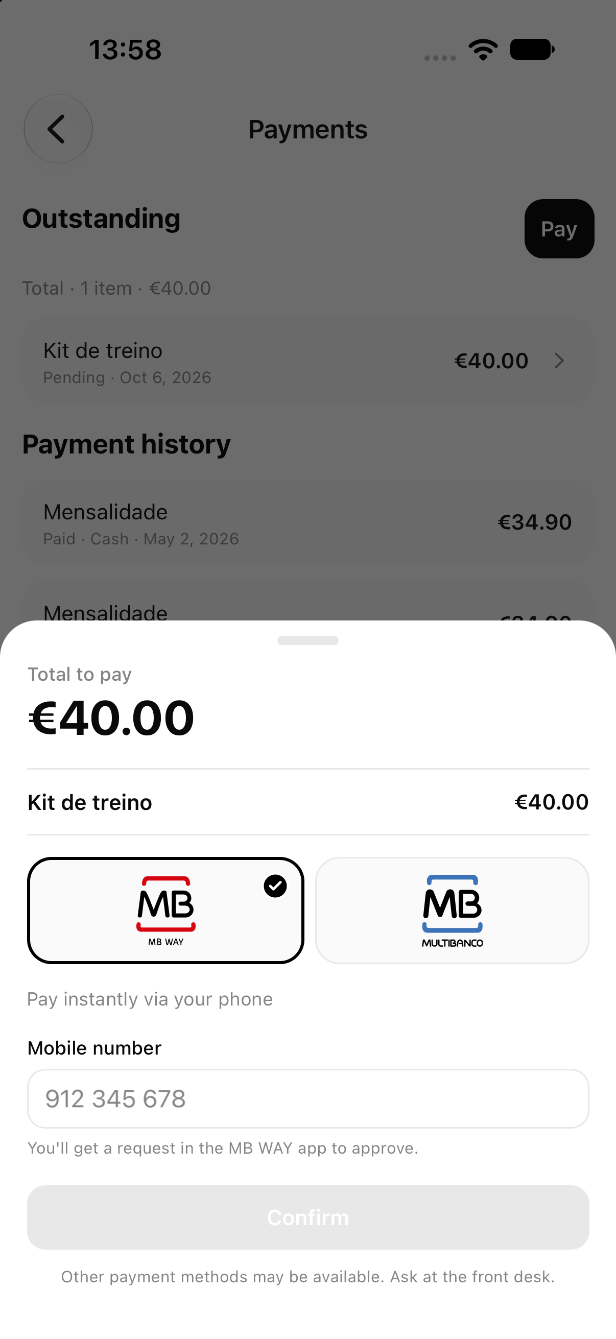 Paying with MB WAY or Multibanco in the member app